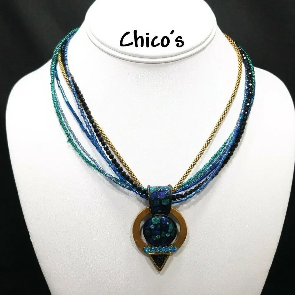 Chico's Teal Blue Beaded Necklace, Rhinestone Enamel Pendant, Five Strands, 20